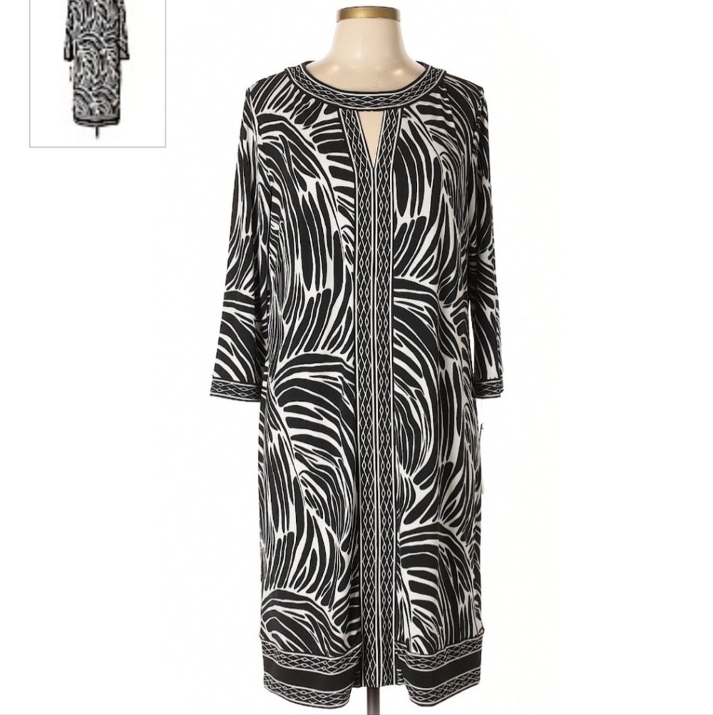 Dana Buchman Black White Abstract Modest Shift Dress Women's Large L Keyhole EUC